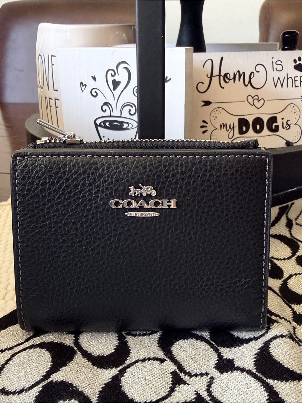 Coach Black Pebbled Leather Zip-Around Wallet with Silver Logo